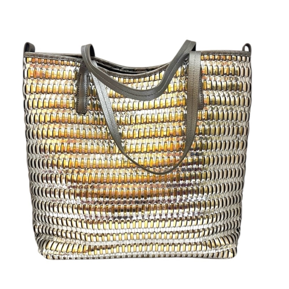 Botkier Large Silver/ Gold Metallic New York Leather Woven Tote Bag Purse - Picture 15 of 15